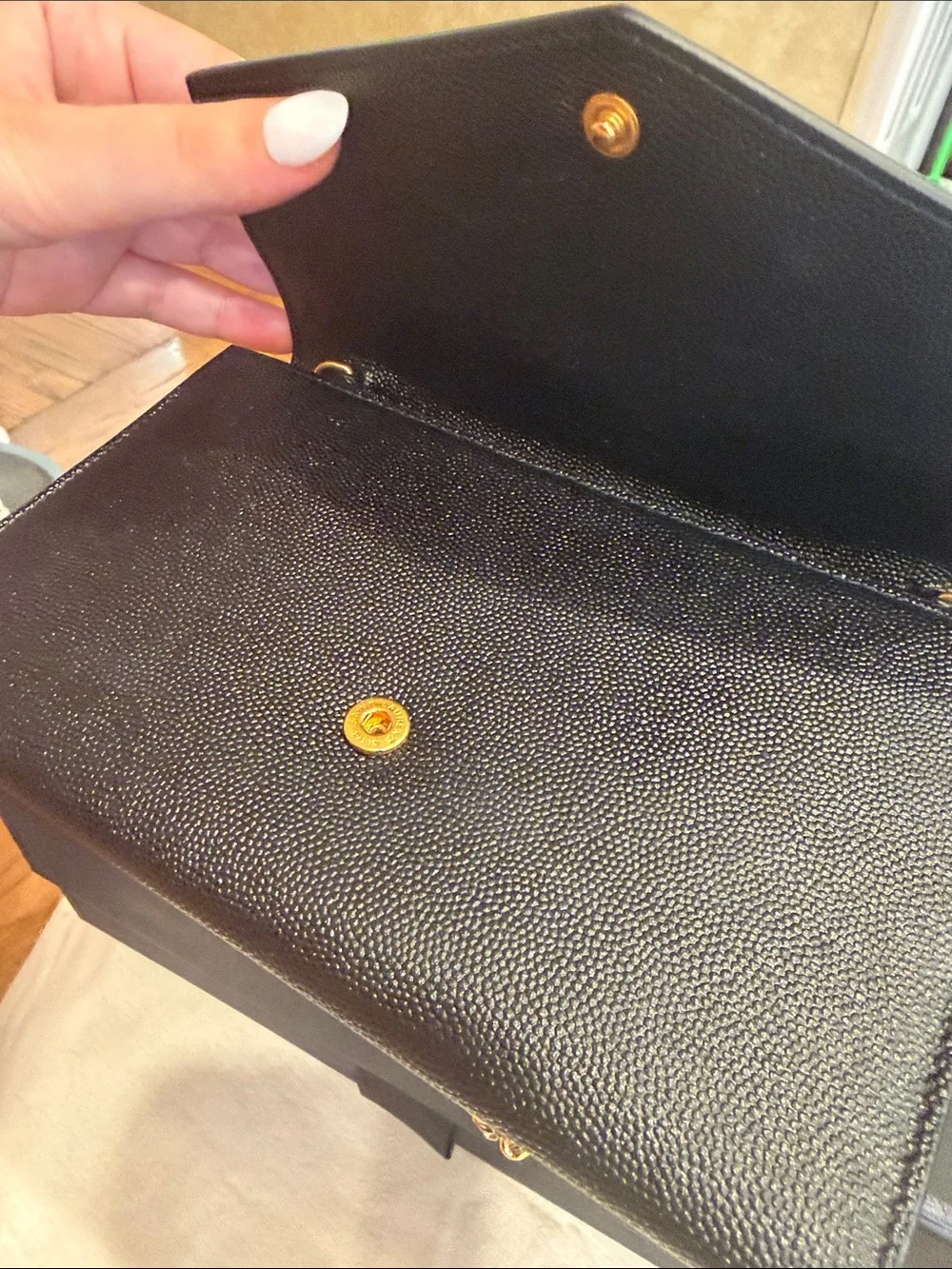 YSL Yves Saint Laurent Black Grain Leather Wallet-on-Chain with Gold Logo
